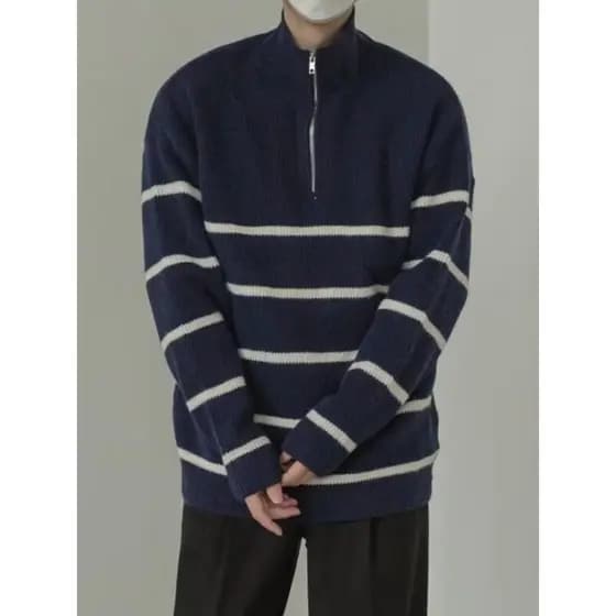 Suéter americano com meia gola alta e zíper, masculino, listras europeias, Slim fit, manga comprida, Stand-up Co