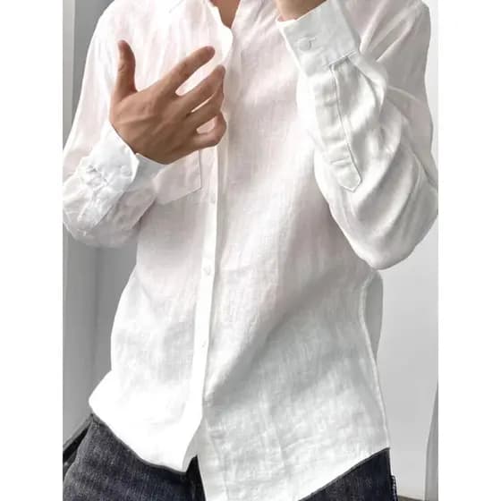 Camisa masculina de linho de algodão retrô americana, camisa solta de manga comprida, amigável à pele, respirável, bolso