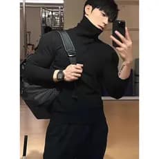 Lapela núcleo-fiado fio malhas masculino estilo fino respirável fino ajuste de manga comprida moletom gola pilha