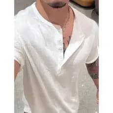 Americano meio aberto botão de manga curta moletom masculino Waffle texturizado macacão camiseta solta Henry colarinho c
