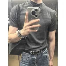 Cinza escuro meia gola alta camiseta masculina de seda gelo Modal magro estiramento de manga curta legal fino Casual cam