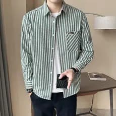 High-End camisa masculina jaqueta luz estilo maduro primavera verão listras verdes Casual camisa de manga comprida jaque