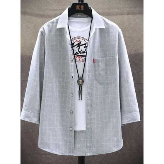 Versão coreana na moda Casual solto verão camisa de manga de três quartos masculina camisa xadrez de manga curta roupas