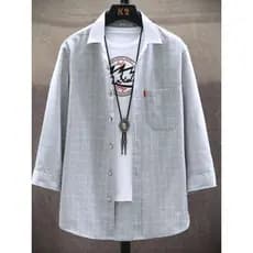 Versão coreana na moda Casual solto verão camisa de manga de três quartos masculina camisa xadrez de manga curta roupas