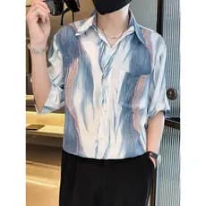 Camisa Floral masculina de manga curta Casual solta meia manga camisa Puffian bonito topo masculino verão gelo seda Hal