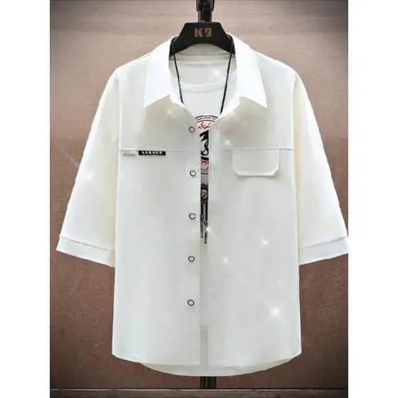 Verão gelo seda camisa de manga curta masculina meia manga macacão polegada camisa masculina adolescente três quartos me