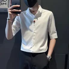 Verão estilo fino gelo seda High-End camisa branca masculina camisa de manga curta Casual rufião bonito masculino manga