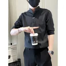 2024 novo estilo de verão masculino topo fino listrado camisa gola alta camisa de manga curta masculina simples All-Ma