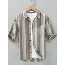 Verão Design fino Casual estilo Hong Kong concha botão camisa contraste cor Vertical listrado camisa masculina meia mang