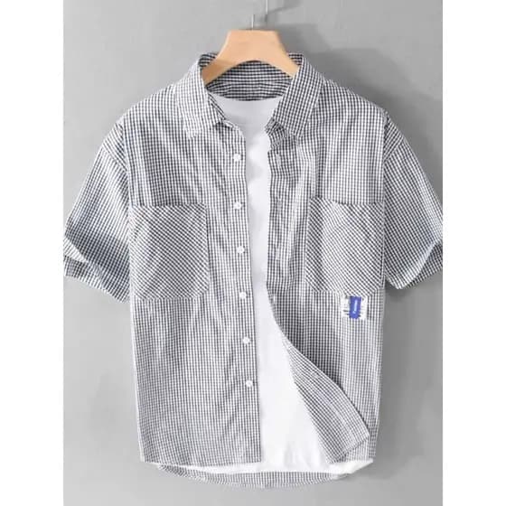 Verão Street wear Xiaoxiang estilo costura lapela camisa de manga curta masculina estilo coreano usar cortina solta seda