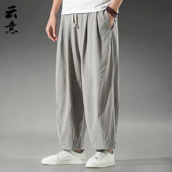 Verão estilo chinês linho Casual tornozelo comprimento calças masculinas Hanfu calças soltas tamanho grande calças de pe