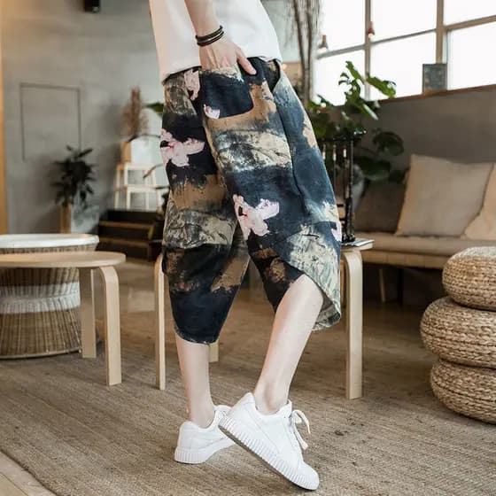 Calças cortadas de verão estilo étnico chinês linho flor calças masculinas soltas calças casuais mais gordura plus Size