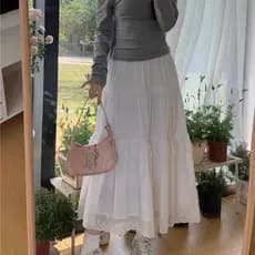 2025 novo estilo verão saia longa doce bolo branco All-Match costura renda bolo saia fada suave