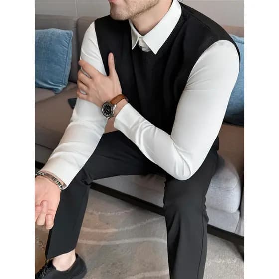 Anti-Pilling camisa de alta qualidade gola suéter de duas peças masculino de manga comprida outono inverno forro de lã n