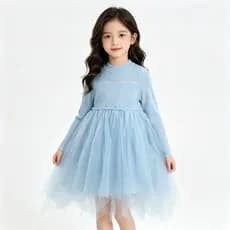 Bedoha meninas azul vestido de manga comprida primavera outono saia de malha crianças senhoras saia grande gaze vestido
