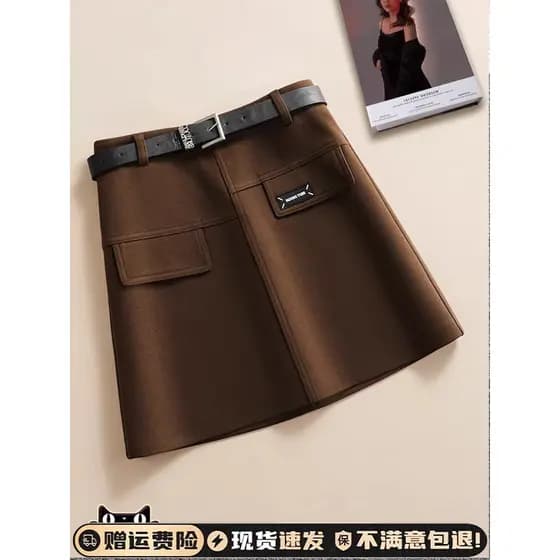 Inverno café cor saia de lã feminina 2024 novo estilo outono inverno cintura alta A linha Hip-embalado saia inverno saia