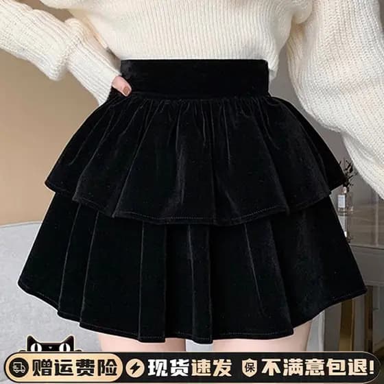 Preto ouro veludo bolo saia feminina outono inverno 2024 novo estilo cintura alta mais magro olhar pequena linha a saia