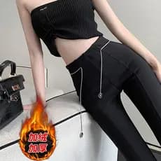 Forro de lã engrossado calças largas mulheres outono inverno cintura alta mais magro olhar corrente Drape high-End preto