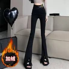 Engrossado fenda Micro-velo Jeans feminino outono inverno 2024 novo estilo nicho Design sentir senhoras forro de lã calç