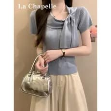 Lashebel doce estilo suave arco malhas feminino verão estilo coreano usar temperamento azul manga curta topo
