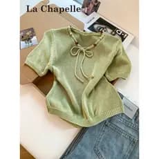 Lasherbell Fresh Matcha Verde Malhas de Manga Curta Mulheres Verão Frisado Lace-Up Solto Casual Commuter Top