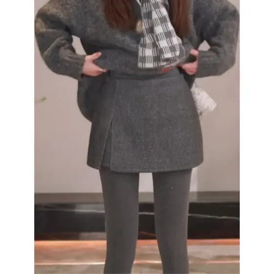 Saia quadril dividida inverno saia de lã feminina outono inverno pequena meia saia inverno a linha saia cinza saia curta