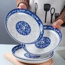 Talheres de porcelana azul branco chinês, prato grande para fritar, prato de cerâmica para frutas, placa comercial de di