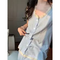 Listrado sem mangas novo estilo pijamas feminino verão respirável confortável puro algodão colete Shorts terno feminino