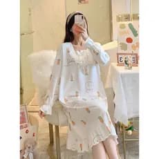 Princesa estilo camisola senhoras primavera outono puro algodão de manga comprida bonito estudante pijamas solto vestido