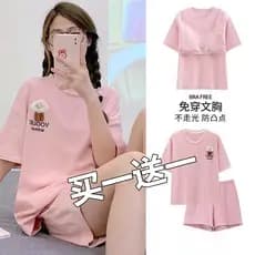 2024 novo estilo pijamas de algodão de uma peça com almofada no peito senhoras verão terno de manga curta estilo fino po