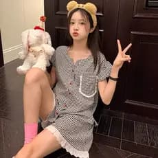 Pijama xadrez de renda japonesa feminino 2026 novo estilo verão Shorts de manga curta tamanho grande pode usar fora tern