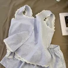Ins listrado rendas pijamas feminino novo estilo verão japonês simples puro algodão colete Shorts verão Homewear terno