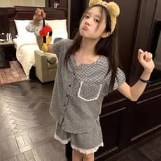 2026 novo estilo pijamas de verão feminino xadrez Shorts de manga curta tamanho grande verão exterior Wearable Homewear