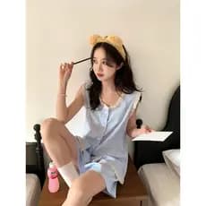 Listrado sem mangas pijamas feminino verão respirável confortável puro algodão colete Shorts terno feminino verão pode u