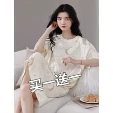 Compre um e ganhe um grátis camisola feminina verão puro algodão manga curta vestido de comprimento médio Casual pijama