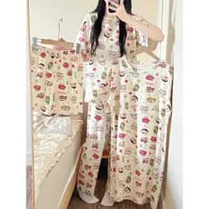 Quatro peças novo estilo pijamas feminino verão solto fino manga curta doce Casual Plus Size estudante Homewear terno
