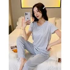Pijama com almofada no peito feminino, pulôver de verão, calças de manga curta, sutiã sem desgaste, listrado fino, roupa