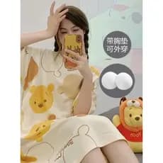 Almofada no peito camisola pijamas de verão feminino novo bonito dos desenhos animados fino listrado vestido de manga cu