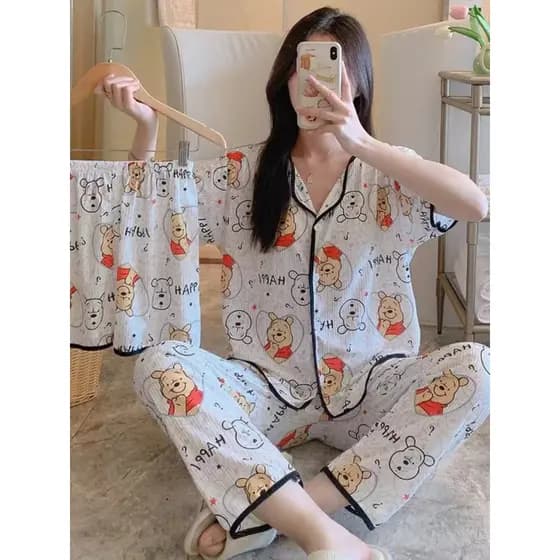 Verão dos desenhos animados pijamas soltos feminino calças bonitos verão de manga curta fino Cardigan Loungewear terno d