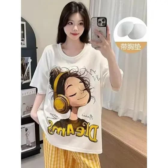 Nuvem pijamas de algodão feminino novo estilo calças de manga curta com almofada no peito bonito menina dos desenhos ani