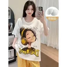 Nuvem pijamas de algodão feminino novo estilo calças de manga curta com almofada no peito bonito menina dos desenhos ani