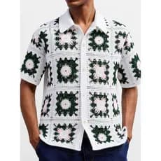 2026 verão francês Retro crochê camisa de manga curta masculina Casual All-Match oco camisa POLO camisas masculinas