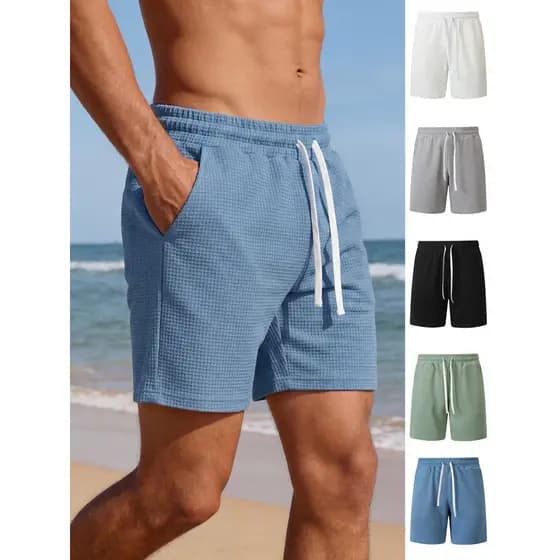 2026 verão americano esportes casuais shorts masculino praia férias cor sólida Waffle calças cortadas shorts masculinos