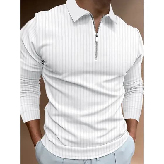 Primavera outono europeu americano masculino camisa polo de manga comprida com zíper listrado camisa polo cor sólida lap