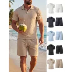 2026 verão praia férias terno masculino cor sólida Jacquard camisa polo de manga curta Shorts soltos terno masculino de