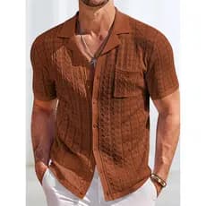 2026 verão novo estilo cor sólida gola cubana de malha de manga curta camisa POLO masculina Casual Cardigan topo roupas