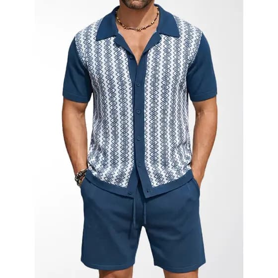 2026 verão europeu americano masculino malha Jacquard Cardigan de manga curta camisa polo Shorts moda terno masculino