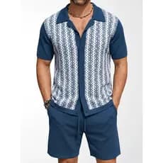 2026 verão europeu americano masculino malha Jacquard Cardigan de manga curta camisa polo Shorts moda terno masculino