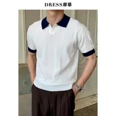 Cópia masculina italiana negócios contraste cor lapela malha polo camisa masculina de manga curta respirável camisa polo