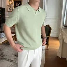Camisa polo de manga curta masculina verão fina malha lapela camiseta High-End textura Casual respirável camisa polo top